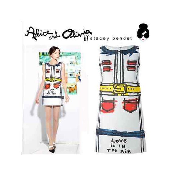 Alice + Olivia Love Is In The Air Trompe L'oeil WHITE BLUE MINI SHIFT DRESS 8 - Picture 14 of 15